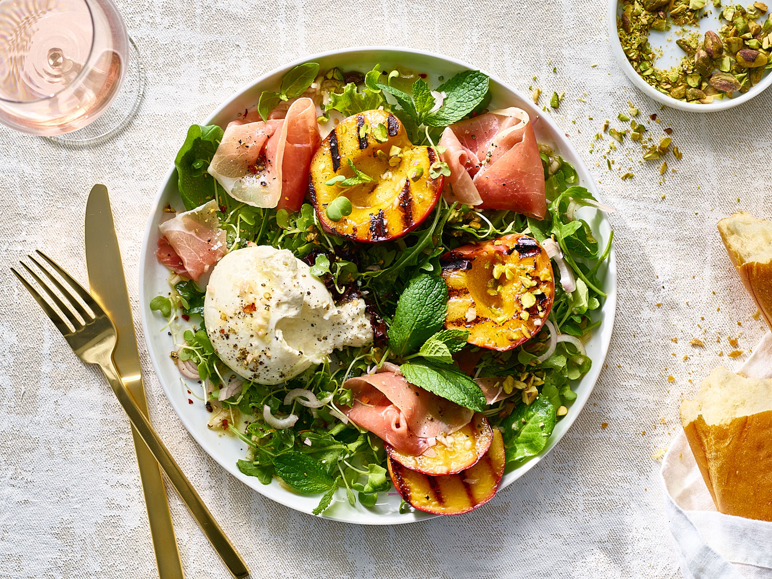 Grilled Peach and Burrata Salad with prosciutto